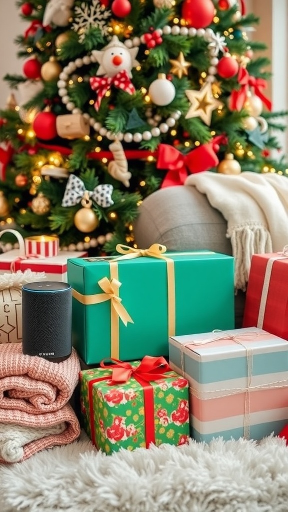A festive display of Christmas gifts including tech gadgets, cozy items, and colorful decorations.